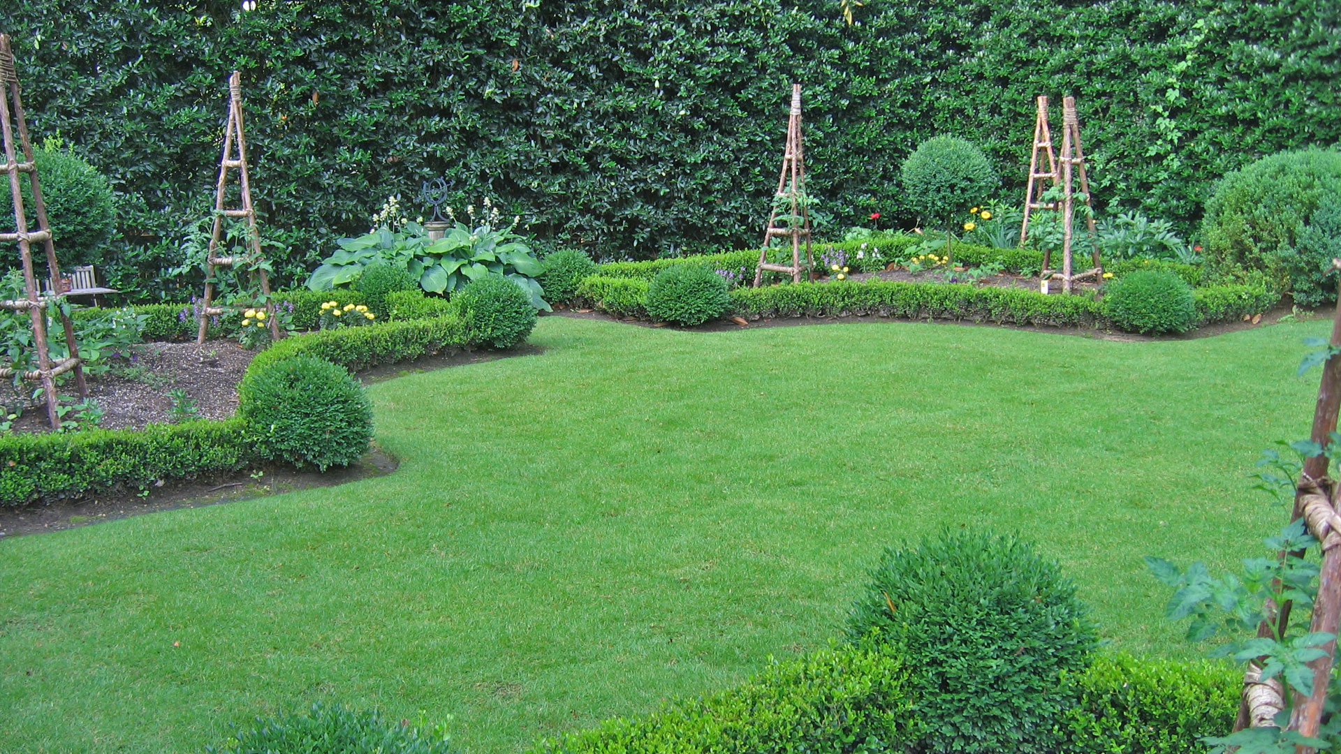 The backyard landscaping neatly trimmed by our team of professionals.