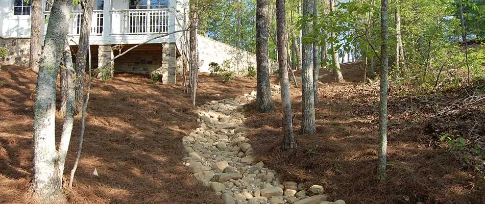 Dry creek bed drainage feature installed in Buckhead, GA.