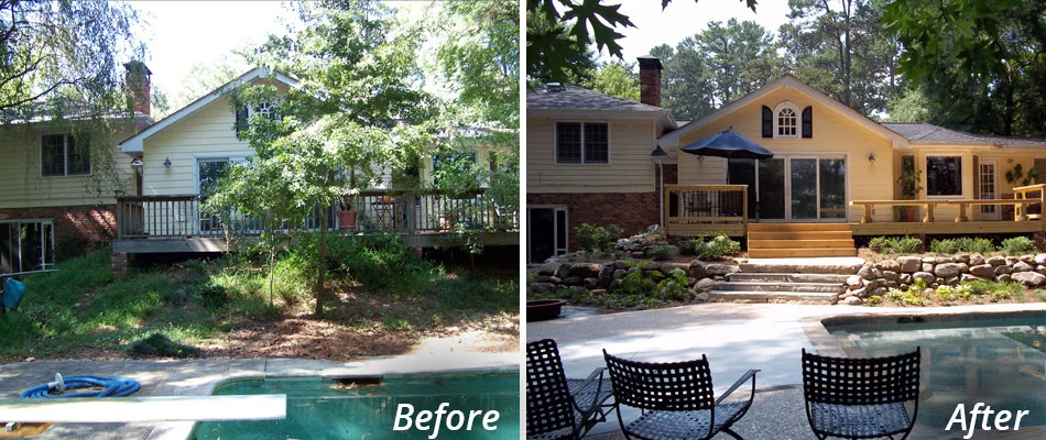 A home in Smyrna that we did a yard cleanup on and installed new landscaping that includes softscape and hardscape elements. 