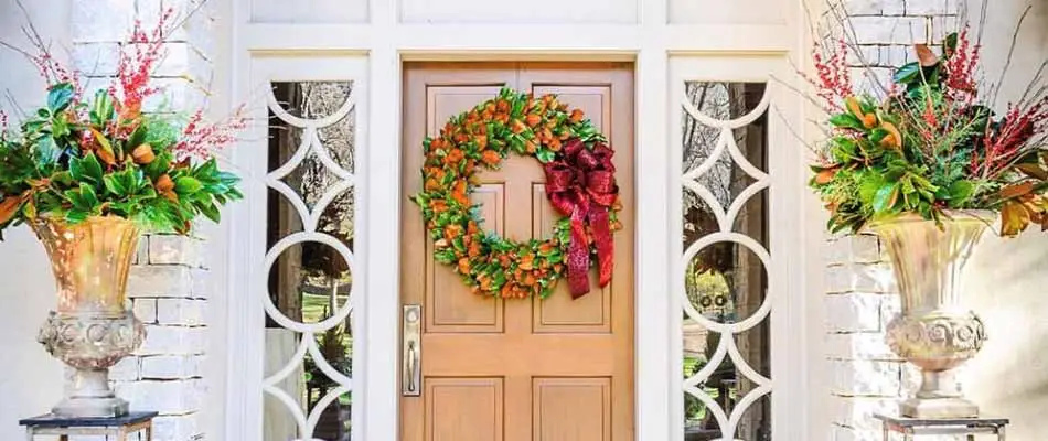 Holiday decorations on a front door in Buckhead, GA.
