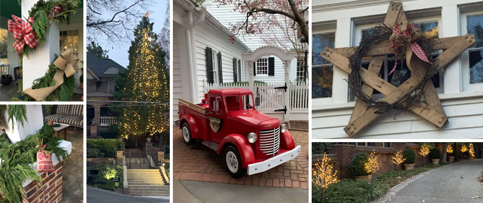 Holiday decorating with greenery, floral, light, and red holiday truck.