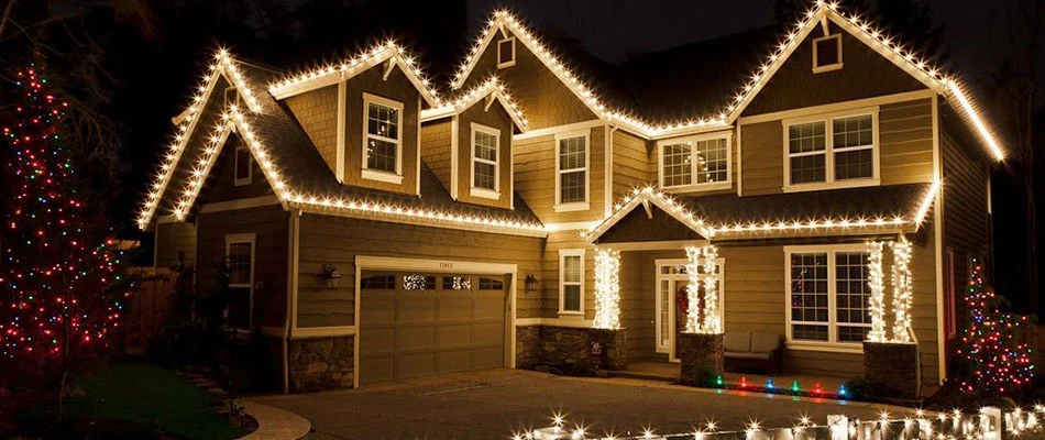 A residential property decorated for Christmas.