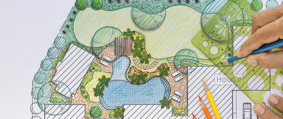 A 2D landscape design render is being prepared by a professional landscape designer.