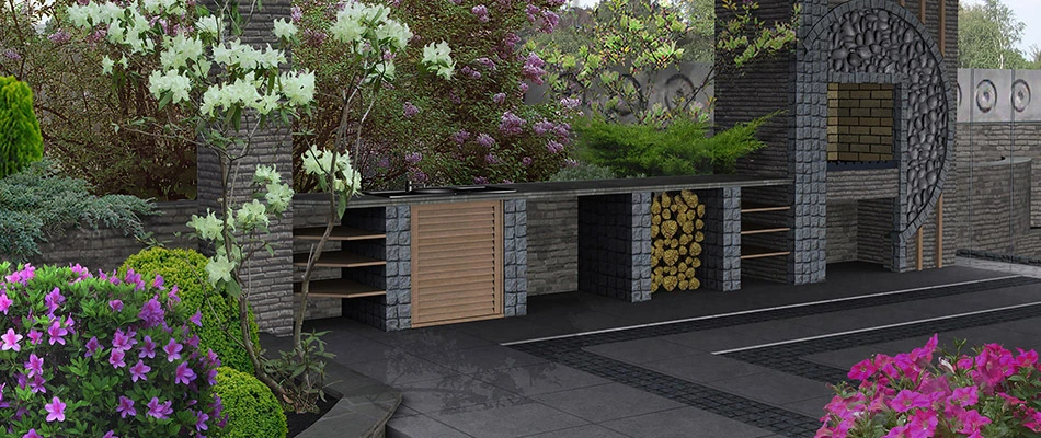 3D landscape design rendering of fire feature and plants in Buckhead, GA. 