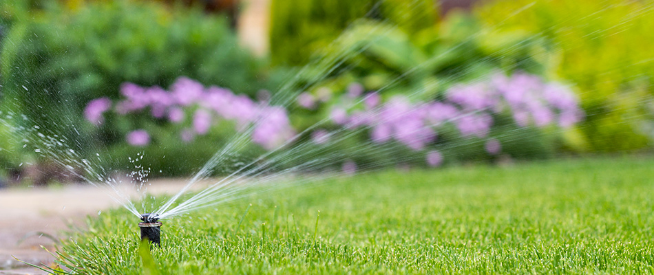 Sprinkler system watering green lawn in Atlanta, GA. 