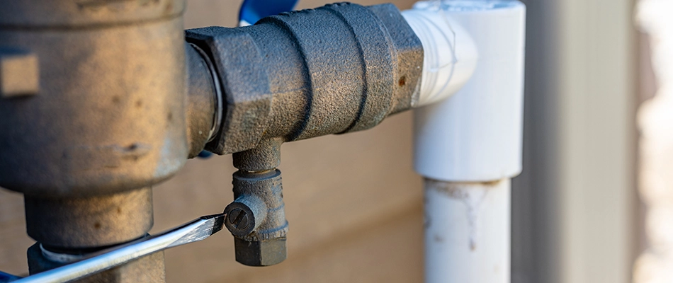 Wrench tightening irrigation system valve in Mableton, GA. 