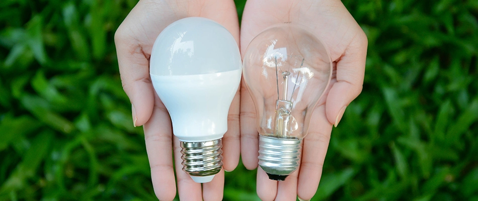 A professional holding two LED and fluorescent light bulbs in Atlanta, GA.