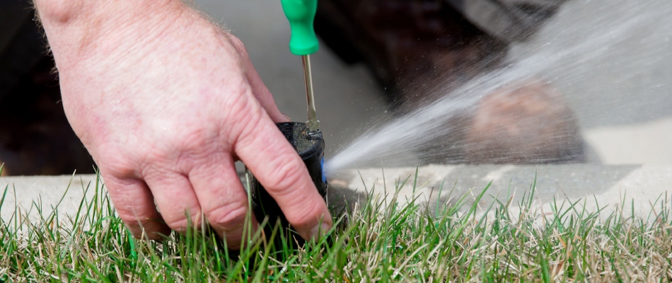 Professional repairing sprinkler head in lawn in Alpharetta, GA.