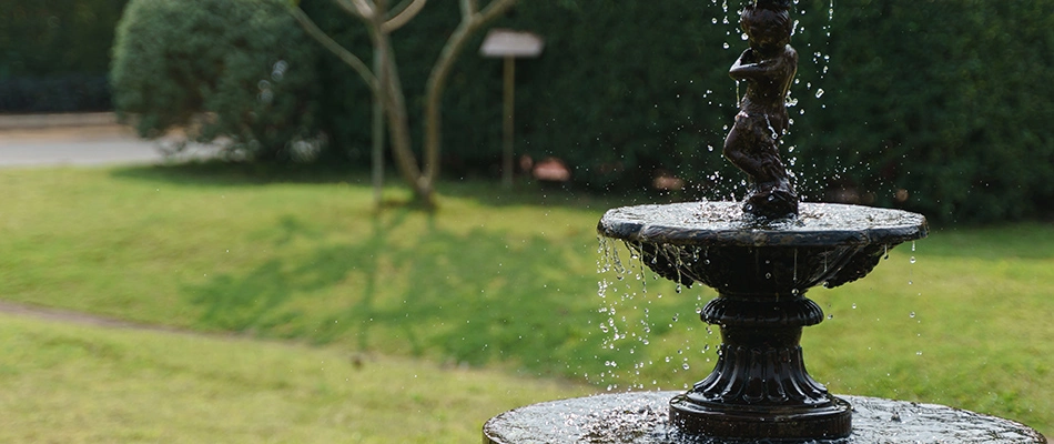 A water fountain standing as the centerpiece of a home's lawn.